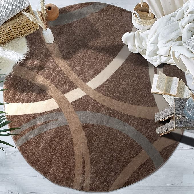 Rugshop Wavy Circles Modern Jute Backing Living Room Round Rug Brown 8' | Round, Bedroom, Dining Room, Home Office, Kitchen, Entryway, Hallway, Nursery, Kids Room, Guest Room, High Traffic Area
