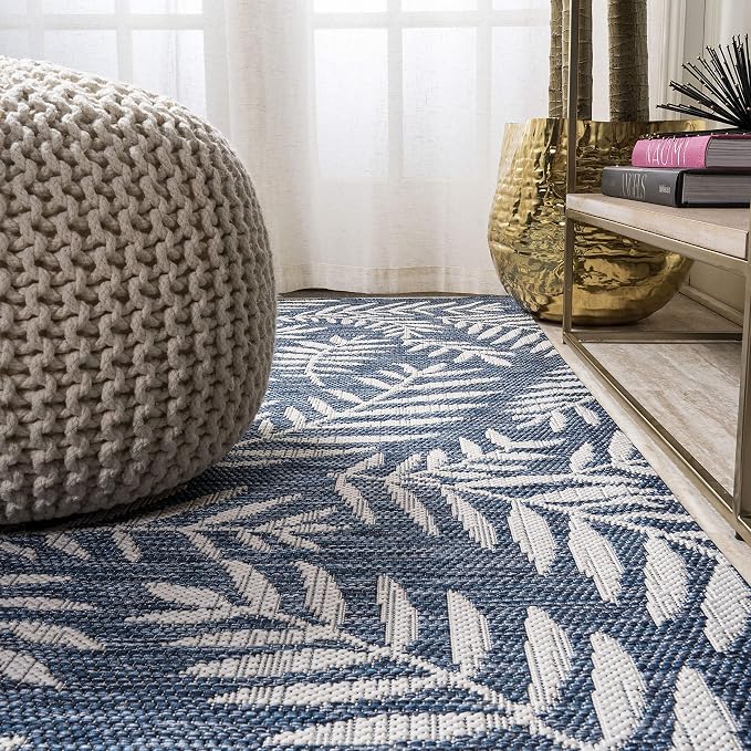 JONATHAN Y Palm Frond Indoor Outdoor Square Area Rug 5X5 Navy/Ivory, Nevis for Backyard, Patio, Porch, Easy-Cleaning, High Traffic, Pet-Friendly, Non-Shedding (SMB119B-5SQ)
