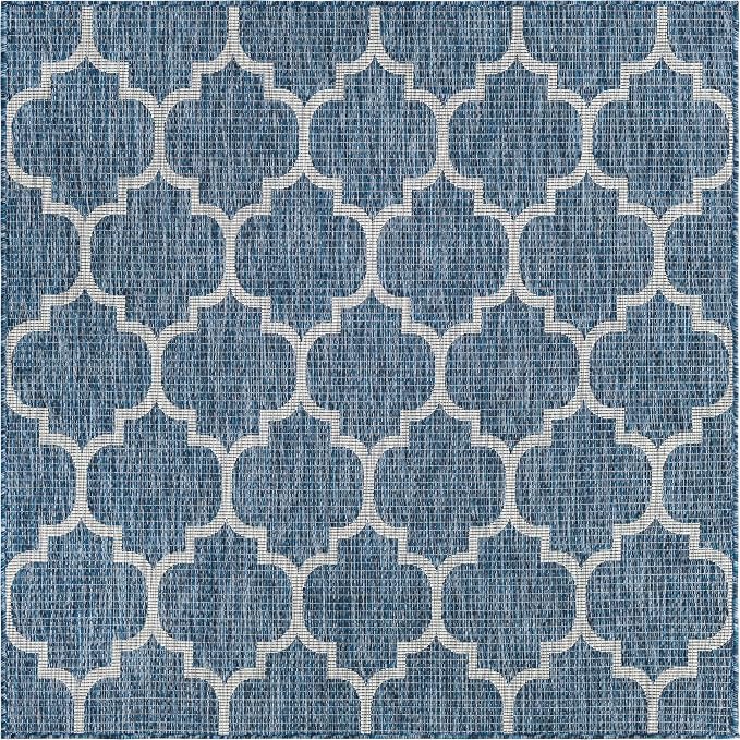 Unique Loom Outdoor Trellis Collection Area Rug (5' Square Navy Blue/Ivory)