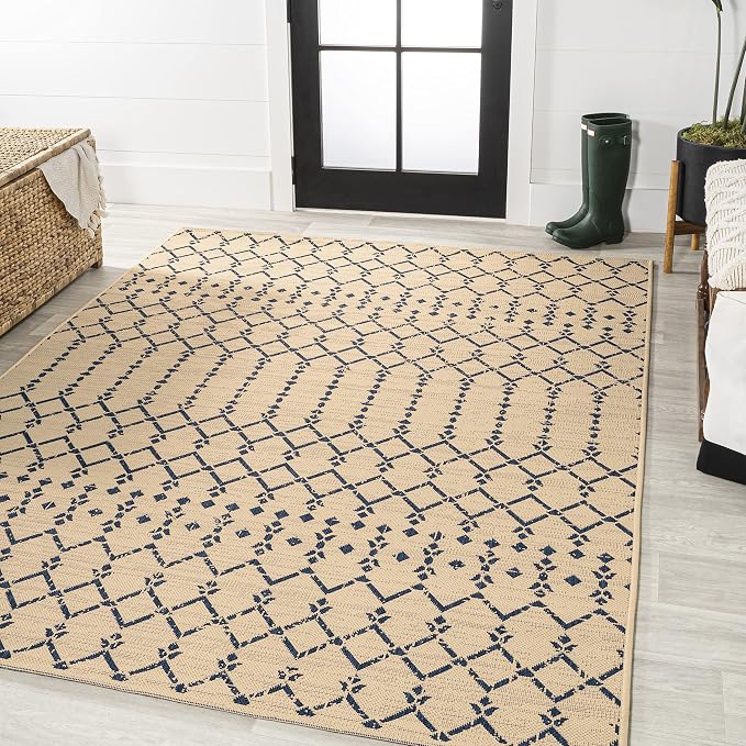JONATHAN Y Moroccan Geometric Indoor Outdoor Area Rug 8X10 Beige/Navy, Ourika Textured Weave for Backyard, Patio, Porch, Easy-Cleaning, High Traffic, Pet-Friendly, Non-Shedding (SMB108H-8)