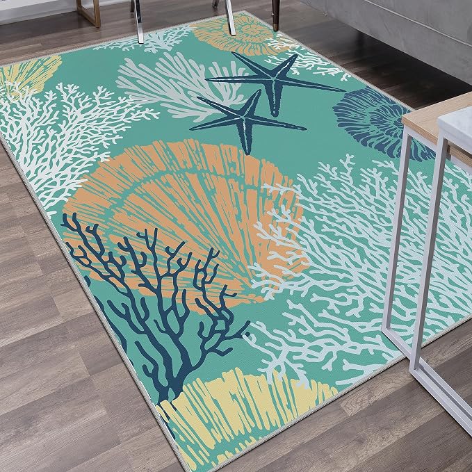 Tritard Coastal Area Rugs Nautical Beach Themed Non-Slip Machine Washable Rugs Modern Floor Carpet for Living Room Bedroom, 4x6, Teal and Turquoise