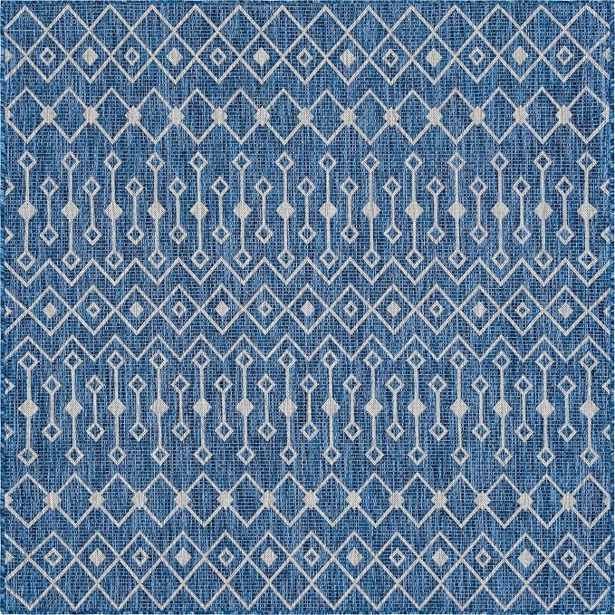 Unique Loom Outdoor Trellis Collection Area Rug - Tribal Trellis (6' 1" Square, Blue/ Ivory)