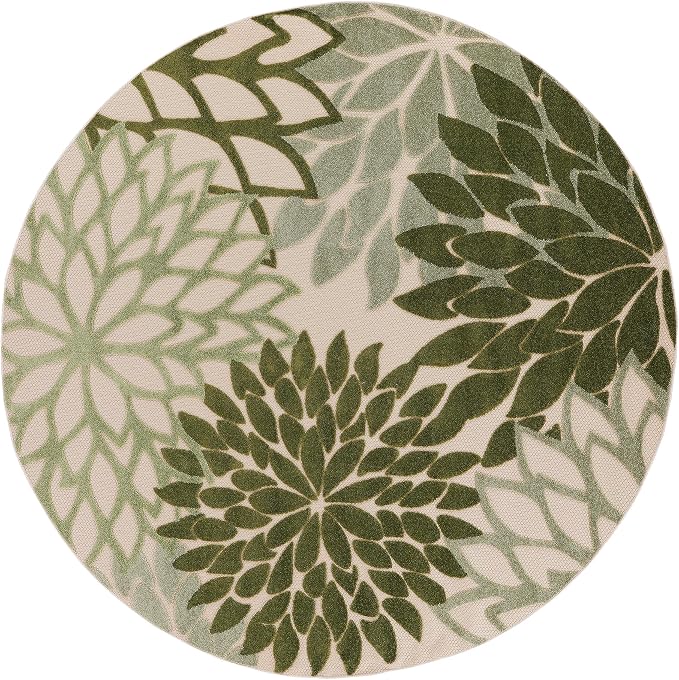 Nourison Home Aloha Indoor/Outdoor Ivory Green 5'3" x Round Area Rug, Easy Cleaning, Non-Shedding, Bed Room, Living Room, Dining Room, Backyard, Patio, Deck (5 Round)