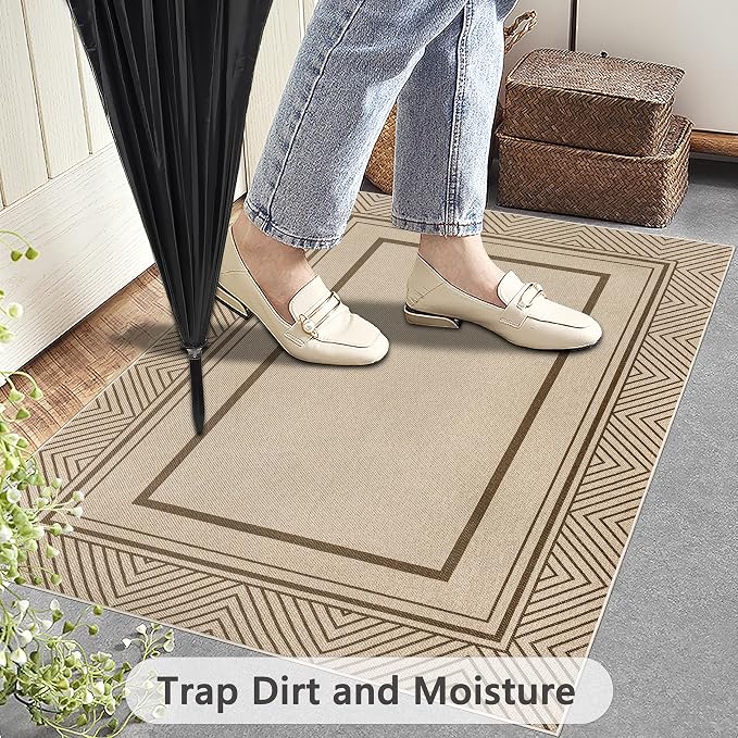 Capslpad Faux Jute 3x5 Area Rug, Geometry Line Patio Rug, Washable Front Porch Rug, Farmhouse Non-Slip Entryway Rugs for Indoor Outdoor, Brown