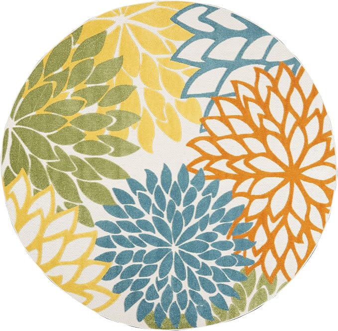 Nourison Home Aloha Turquoise Multicolor 7'10" x Round Area Rug - Easy Clean, Non Shedding, Bed Room, Living Room, Dining Room, Kitchen (8' x Round)