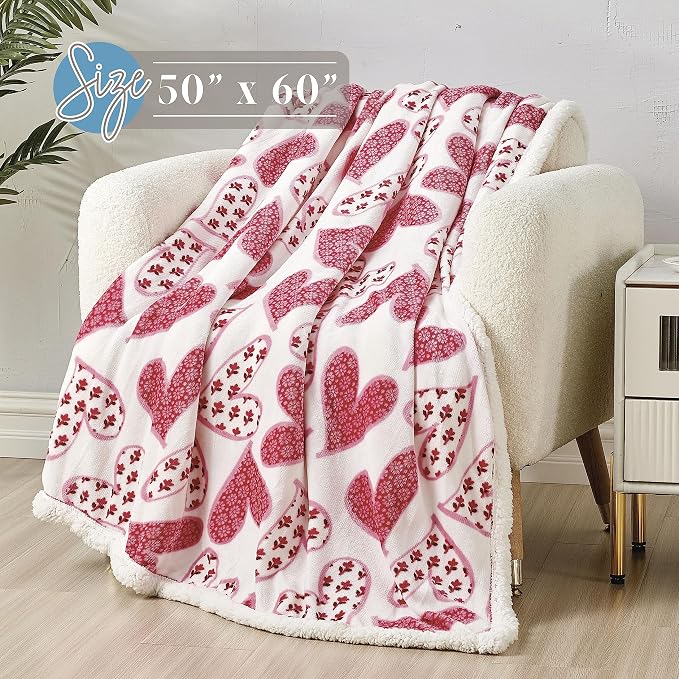 Elegant Comfort Luxury Ultra-Plush Velvet Touch Sherpa Fleece Throw Blanket - Soft, Warm, Cozy - Scarlett - Heart Pattern - 50" x 60" - Valentine's Day, Travel, Home Decor