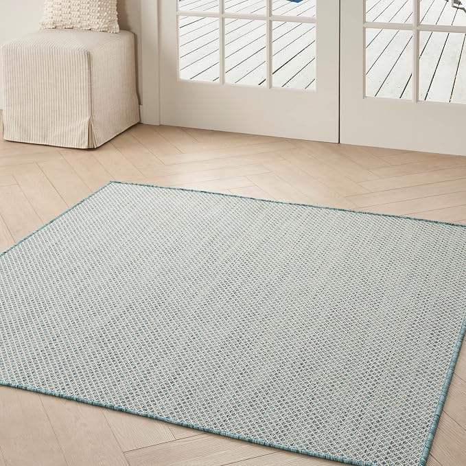 Nourison Home Courtyard Ivory Aqua 4' x Square Area Rug - Easy Clean, Non Shedding, Bed Room, Living Room, Dining Room, Kitchen (4' x Square)