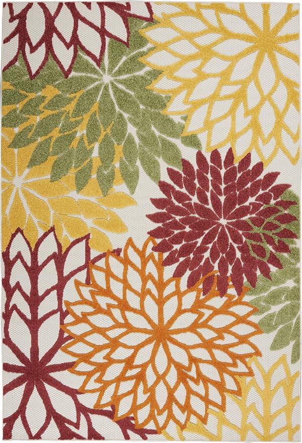 Nourison Home Aloha Indoor/Outdoor Red Multi Colored 5'3" x 7'5" Area Rug, Tropical, Botanical, Easy Cleaning, Non Shedding, Bed Room, Living Room, Dining Room, Deck, Backyard, Patio (5x7)