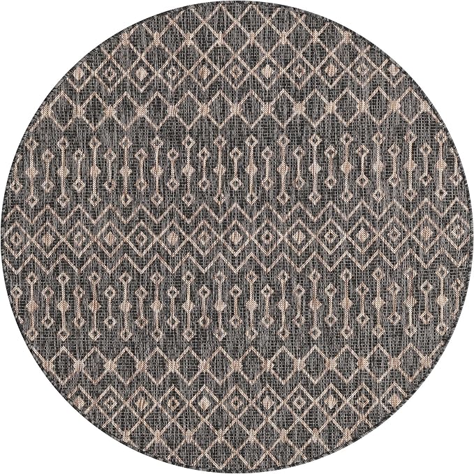Unique Loom Outdoor Trellis Collection Area Rug - Tribal Trellis (5' 3" Round, Charcoal Gray/ Natural)