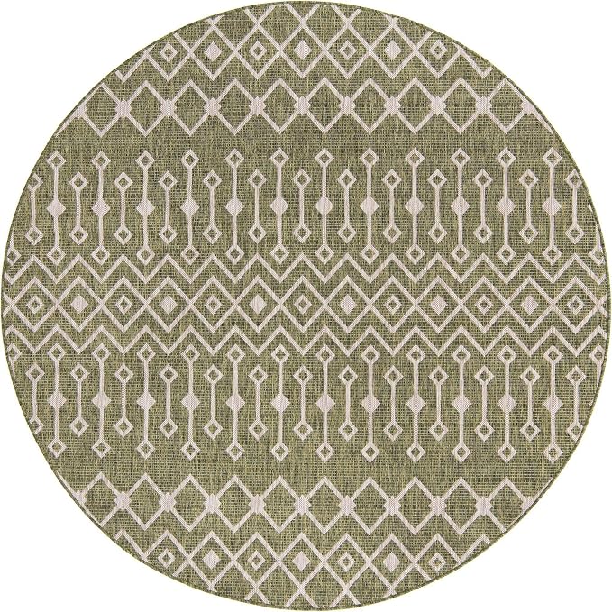 Unique Loom Outdoor Trellis Collection Area Rug - Tribal Trellis (7' 10" Round, Green/ Natural)