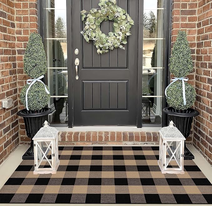 Washable Outdoor Rug 3'x5',Black and Tan Checkered Rug Cotton Woven Washable Farmhouse Front Door Mat Outdoor for Entryway,Patio,Bedroom,Hello Welcome Mat