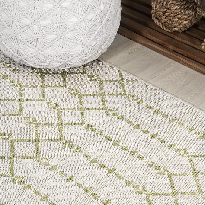 JONATHAN Y Moroccan Geometric Indoor Outdoor Runner Rug 2X10 Cream/Green, Ourika Textured Weave for Backyard, Patio, Porch, Easy-Cleaning, High Traffic, Pet-Friendly, Non-Shedding (SMB108M-210)