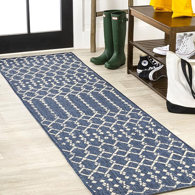JONATHAN Y Moroccan Geometric Indoor Outdoor Runner Rug 2X10 Navy/Beige, Ourika Textured Weave for Backyard, Patio, Porch, Easy-Cleaning, High Traffic, Pet-Friendly, Non-Shedding (SMB108K-210)