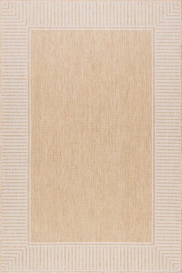 Nuloom Asha Tan/Ivory, 9'6" x 12', Casual, Striped Border, Soft and Cozy, High Traffic, Easy Clean, Durable Area Rug for Indoor/Outdoor Patio, Deck, Porch, Garden, Courtyard