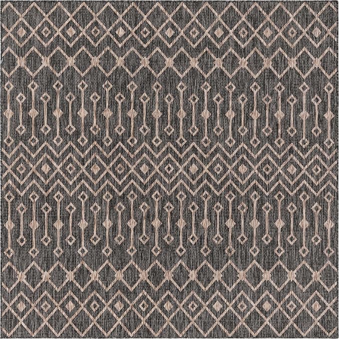 Unique Loom Outdoor Trellis Collection Area Rug - Tribal Trellis (7' 10" Square, Charcoal Gray/ Natural)