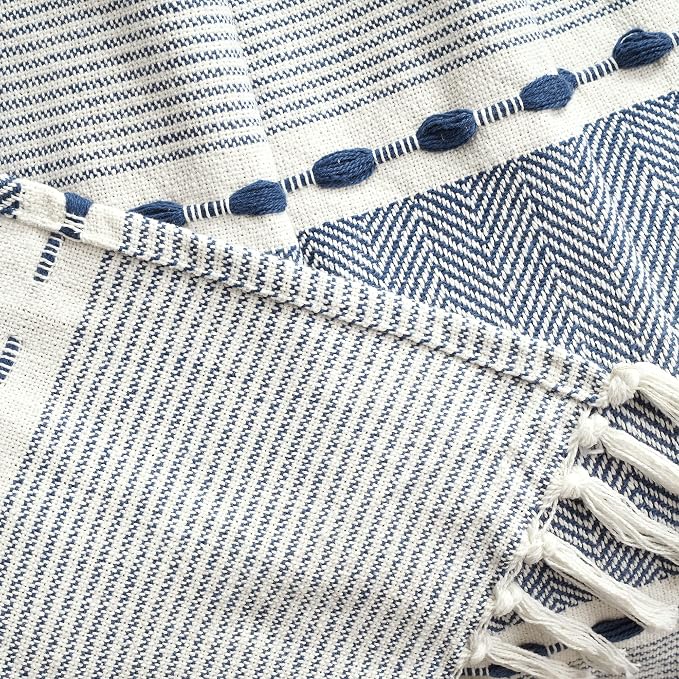 Lush Decor Herringbone Stripe Woven Tassel Yarn Dyed Cotton Tassel Throw Blanket 50" W x 60" L Navy & White - Striped Throw Blankets - Blue Couch Blanket