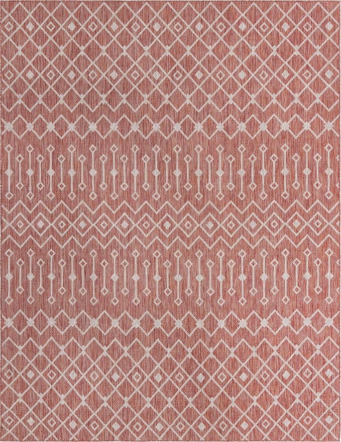 Unique Loom Outdoor Trellis Collection Area Rug - Tribal Trellis (10' x 13' 1" Rectangle, Rust Red/ Ivory)