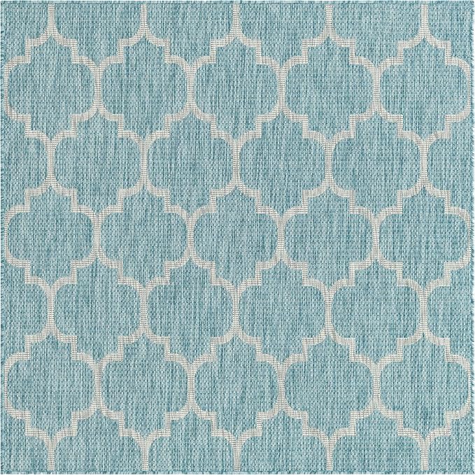 Unique Loom Outdoor Trellis Collection Area Rug (5' 1" Square, Aquamarine/ Gray)
