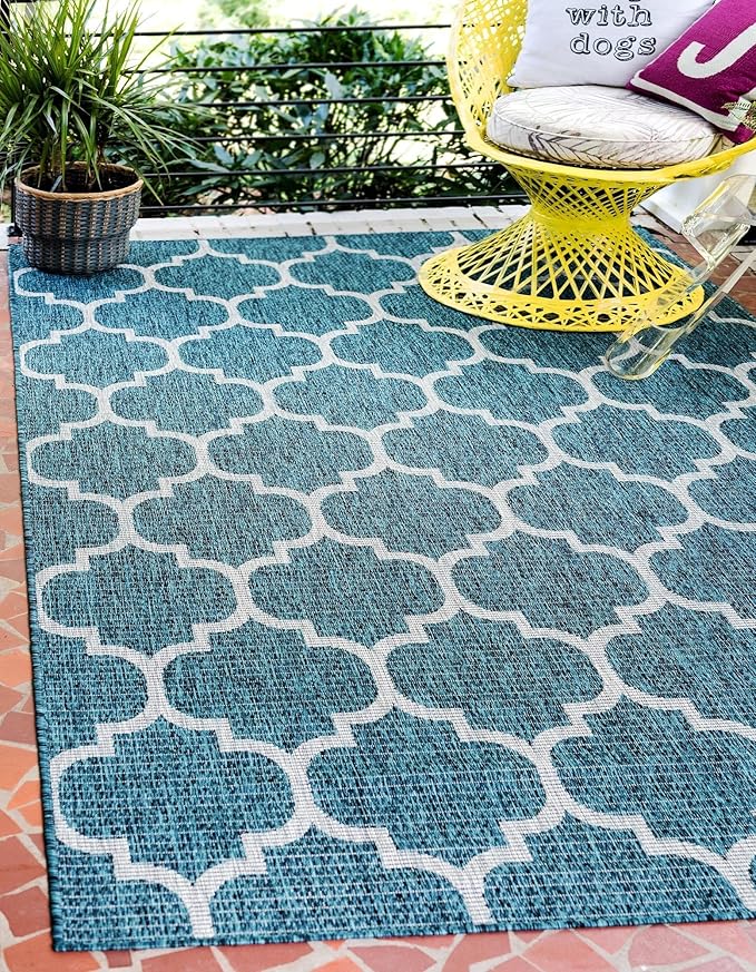 Unique Loom Outdoor Trellis Collection Area Rug (8' x 11' 4" Rectangle, Teal/ Gray)