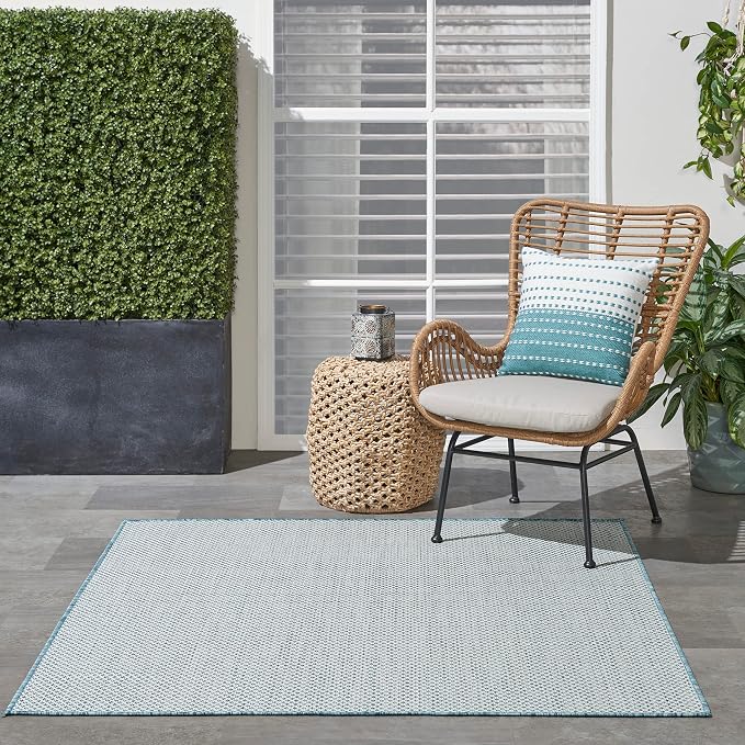 Nourison Home Courtyard Ivory Aqua 4' x Square Area Rug - Easy Clean, Non Shedding, Bed Room, Living Room, Dining Room, Kitchen (4' x Square)