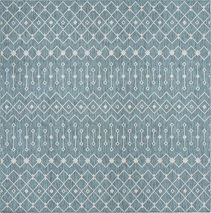 Unique Loom Outdoor Trellis Collection Area Rug - Tribal Trellis (10' 8" Square, Teal/ Ivory)