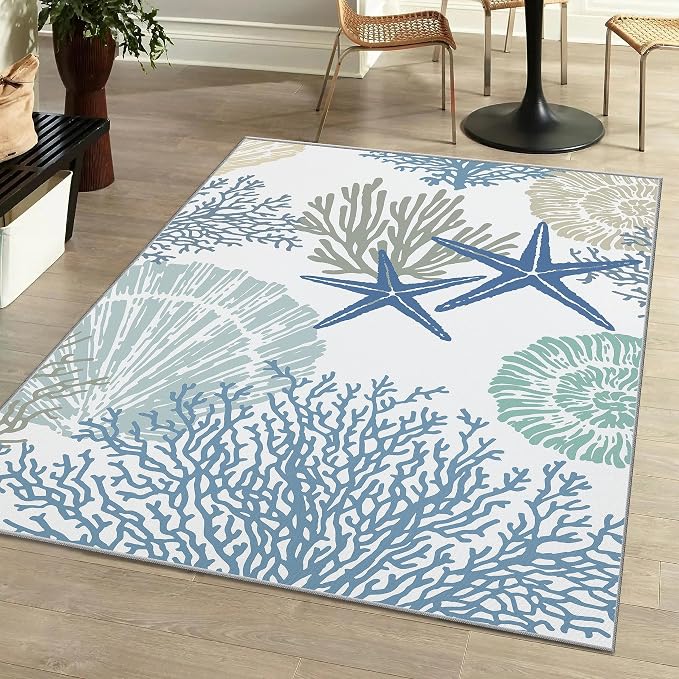 Tritard Coastal Area Rug 3x5 - Small Machine Washable Foldable Throw Rugs Non-Slip Beach Ocean Entryway Indoor Entrance Carpet for Kitchen Bathroom Laundry Bedroom Living Room, Blue