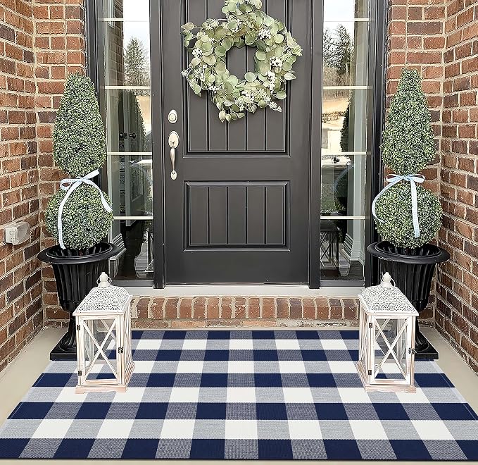 Outdoor Rug 3'x5'Blue and White Buffalo Checkered Rug Cotton Woven Machine Washable Farmhouse Front Porch Rug Door Mat Outdoor for Entryway,Patio,Bedroom,Hello Welcome Mat
