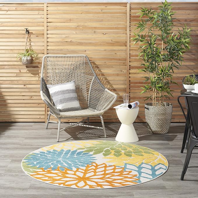 Nourison Home Aloha Turquoise Multicolor 4' x Round Area Rug - Easy Clean, Non Shedding, Bed Room, Living Room, Dining Room, Kitchen (4' x Round)