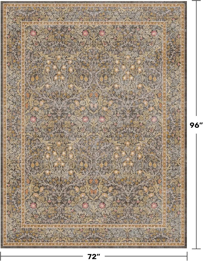 Dining Room Rugs for Under Table - 6x8 Brown Washable Area Rug for Living Room, Low Pile Non-Slip Floor Carpet for Bedroom - Vintage Design & Stain Resistance