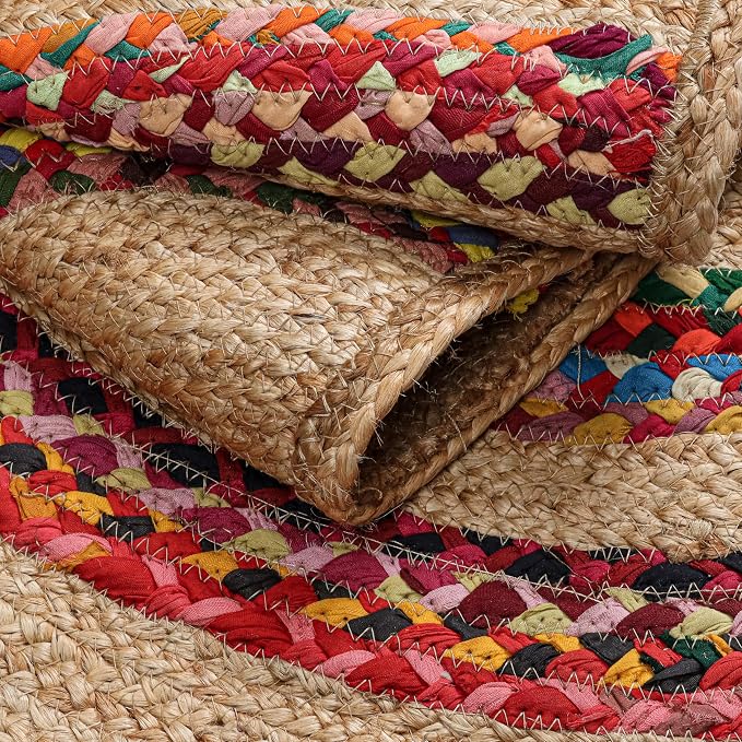 Boho Braided 1.5x3 Area Rug - Jute Chindi Half Circle Rug for Living Room Entryway, Farmhouse, Home Décor, Indoor Rugs Jute Door mat for Bathroom, Kitchen (Multi-Natural, 1.5 X 3 ft)