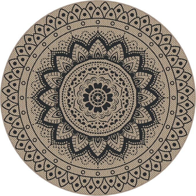 Faux Jute Outdoor Round Rug, 5ft Washable Indoor Outdoor Patio Rug, Black Non Slip Round Area Rug Farmhouse, Boho Carpet for Backyard Patio