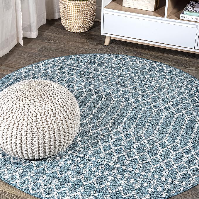 JONATHAN Y Moroccan Geometric Indoor Outdoor Round Area Rug 5 Ft Teal/Gray, Ourika Textured Weave for Backyard, Patio, Porch, Easy-Cleaning, High Traffic, Pet-Friendly, Non-Shedding (SMB108C-5R)