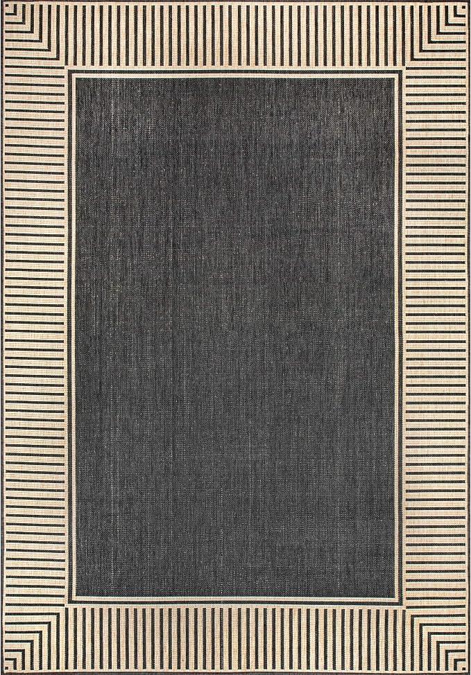 Nuloom Asha Dark Grey/Ivory, 9'6" x 12', Casual, Striped Border, Soft and Cozy, High Traffic, Stain Resistant, Easy Clean, Durable Area Rug for Indoor/Outdoor Patio, Deck, Porch, Garden, Courtyard