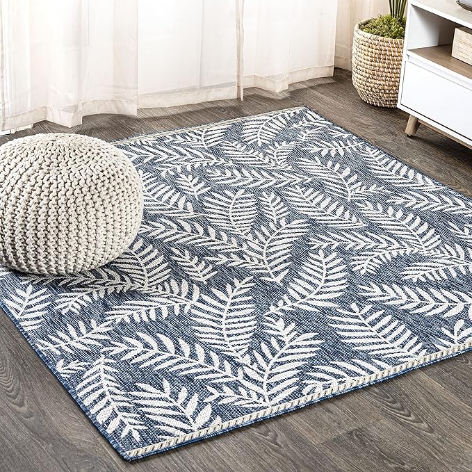 JONATHAN Y Palm Frond Indoor Outdoor Square Area Rug 3X3 Navy/Ivory, Nevis for Backyard, Patio, Porch, Easy-Cleaning, High Traffic, Pet-Friendly, Non-Shedding (SMB119B-3SQ)