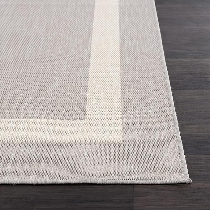 CAMILSON Outdoor Rug 9x12,Large Modern Outside Rugs for Patios Porches Waterproof Durable Washable Non-Shedding, Easy-to-Clean Indoor Outdoor Area Carpet (9 x 12, Bordered - Gray/White)