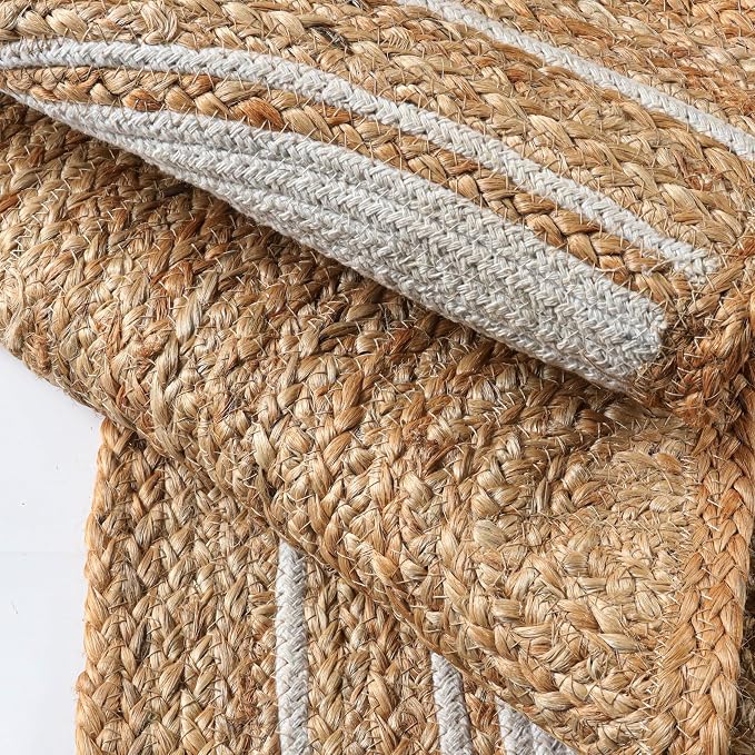 Boho Braided 1.5x3 Area Rug - Jute Natural Fiber Half Round Rug for Living Room Entryway, Farmhouse, Home, Indoor Rugs Jute Door mat for Bathroom, Kitchen (White Natural, 1.5 X 3 ft)