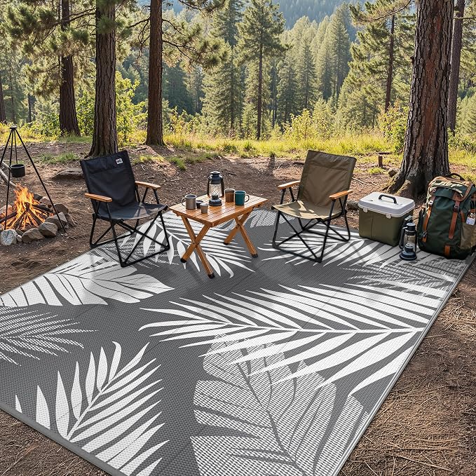 GENIMO Outdoor Rug, Waterproof Plastic Rugs for Patio, 9'x12' Grey White | Outside Larger Leaf Carpet Mat for Porch Decor, Deck, Balcony, Camping, RV, Backyard, Picnic, Beach, Reversible, Foldable