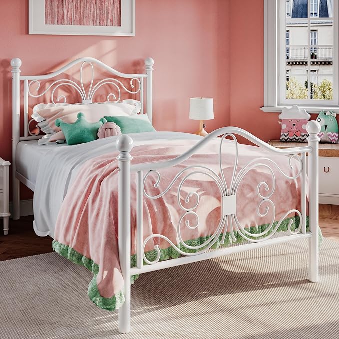 SHA CERLIN Twin Size Metal Bed Frame with Butterfly Headboard, White | Metal Platform Bed for Kids, Wrought Iron-Art Headboard/Footboard, Under-Bed Storage, No Box Spring Needed, Easy Assembly