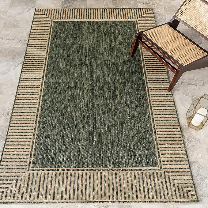 Nuloom Asha Green/Brown, 9'6" x 12', Casual, Striped Border, Soft and Cozy, High Traffic, Easy Clean, Durable Area Rug for Indoor/Outdoor Patio, Deck, Porch, Garden, Courtyard