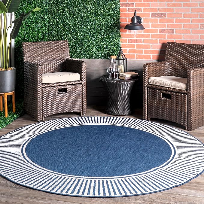Nuloom Asha Navy/Ivory, 8' Round, Casual, Striped Border, Soft and Cozy, High Traffic, Easy Clean, Durable Area Rug for Indoor/Outdoor Patio, Deck, Porch, Garden, Courtyard