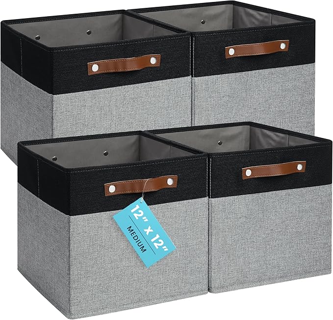 OrganiHaus 12x12 Cube Storage Bins, Set of 4 - Fabric Storage Cubes | Sturdy, holds its shape; odor-free; fits 12-inch cube shelves; vegan leather handles