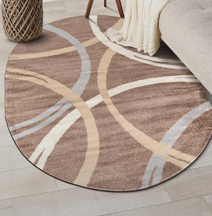 Rugshop Wavy Circles Modern Non-Shedding Living Room Oval Rug Brown 5' x 7' | Oval, Size 5' x 7', Bedroom, Dining Room, Home Office, Kitchen, Entryway, Hallway, Nursery, Kids Room, Guest Room