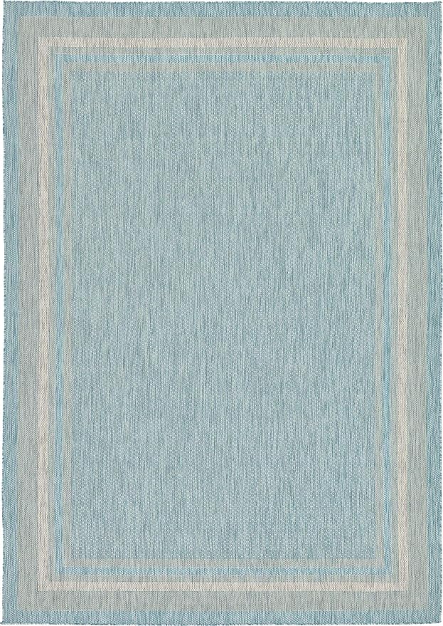 Unique Loom Outdoor Border Collection Area Rug - Soft Border (8' x 11' 4" Rectangle, Aquamarine/ Ivory)