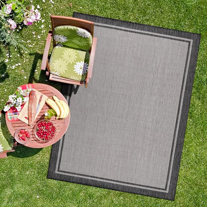 CAMILSON Indoor Outdoor Rug, 9x12 Bordered Gray Modern Area Rugs for Large Indoor and Outdoor Patios, Kitchen and Hallway Mats, Washable Porch Deck Outside Carpet (Bordered Grey, 9 x 12)