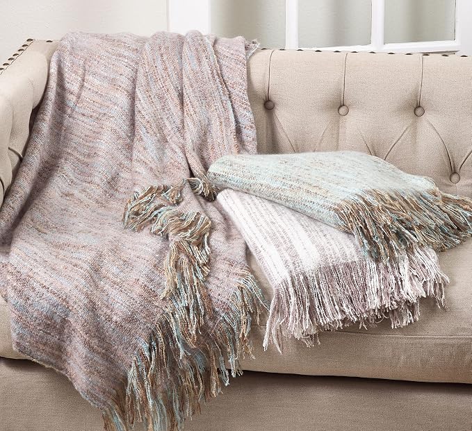 SARO LIFESTYLE Faux Mohair Fringe Throw Blanket – Lightweight Reversible Acrylic Throw for Cozy Layering, Couch & Bed Styling, Aqua, 50"x60"