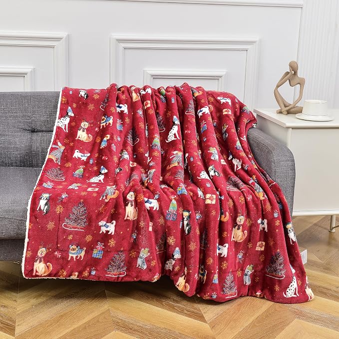 Elegant Comfort Reversible and Ultra-Plush Flannel Fleece-Winter Christmas Sherpa Throw- Lightweight Soft and Cozy-Holiday Decorative Throw, Perfect for Lounging, 50 x 60 inches, Winter Dogs