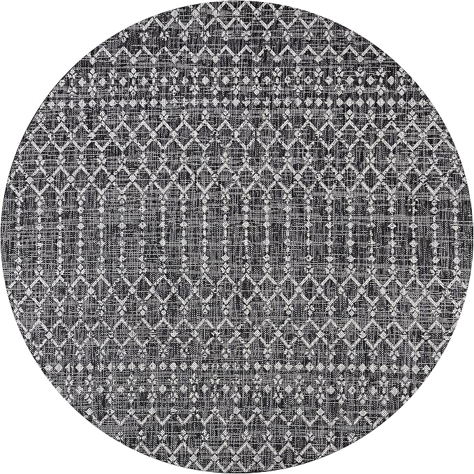 JONATHAN Y Moroccan Geometric Indoor Outdoor Round Area Rug 8 Ft Black/Gray, Ourika Textured Weave for Backyard, Patio, Porch, Easy-Cleaning, High Traffic, Pet-Friendly, Non-Shedding (SMB108F-8R)