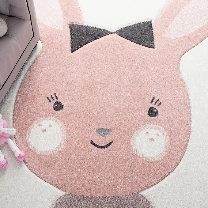 SAFAVIEH Carousel Kids Collection Area Rug - 5'3" Square, Ivory & Pink, Bunny Design, Non-Shedding & Easy Care, Ideal for High Traffic Areas for Boys & Girls in Playroom, Nursery, Bedroom (CRK166A)