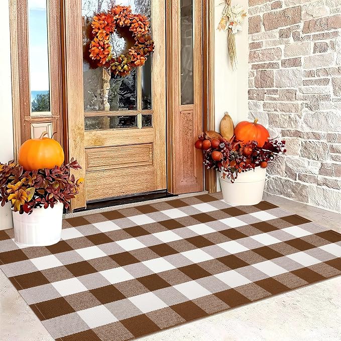 3'x5' Outdoor Rug,Coffee and White Buffalo Plaid Rug Farmhouse Front Porch Rug Machine Washable Front Door Mat Outdoor for Hello Welcome Mat,Bedroom,Entryway,Patio