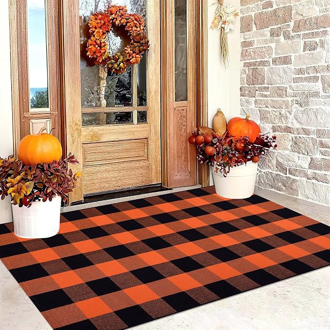 3'x5' Outdoor Rug,Orange and Black Buffalo Plaid Front Porch Rug Farmhouse Cotton Washable Front Door Mat Outdoor for Hallween Mat,Fall,Bedroom,Entryway,Patio